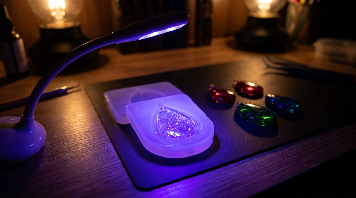 Making UV resin jewellery under a UV lamp